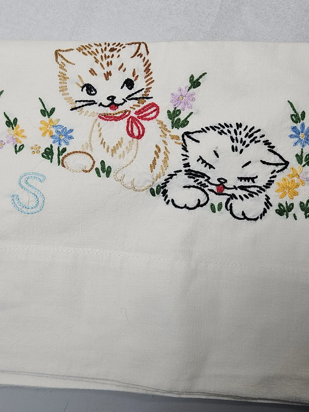 Vintage Pair Embroidered 'His' and 'Hers' Kitten Cat  Pillowcases